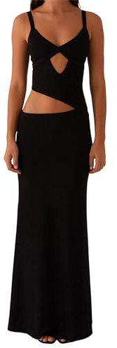 ensswliz Sexy Cut Out Maxi Dress for Women 2025 Spaghetti Strap Backless Bodycon Dress Y2k Hollow Sleeveless Formal Long Dress (A-Black, S)