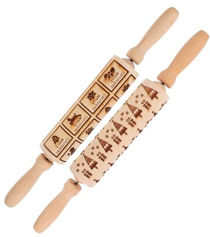JEWEDECO 2pezzi Rullo per Pasta in Legno Goffrato con Motivi Natalizi Due di Mattarello da Cucina in Legno Intagliato e Inciso per Dolci Natalizi