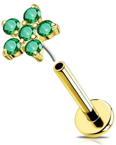OUFER 16G Gold Knorpel Ohrpiercing Blume Helix Piercing Threadless Push in Tragus Ring Edelstahl 316L Conch Earring Klar Grüner Schwarz CZ Lip Stud für Damen 6/8 mm