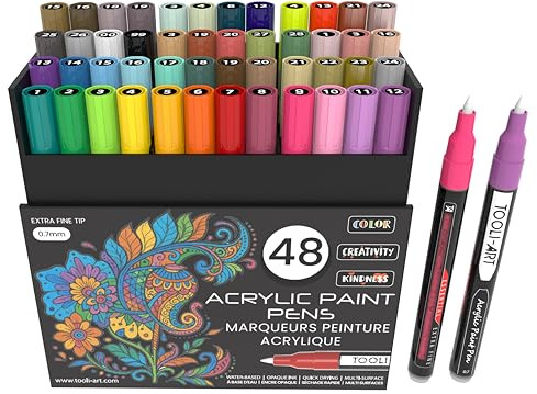 TOOLI-ART Lot de 48 marqueurs de peinture acrylique assortis de couleurs en édition limitée, pointe extra fine de 0,7 mm, pour peinture sur roche, verre, tasses, bois, métal, toile, DIY, contournement