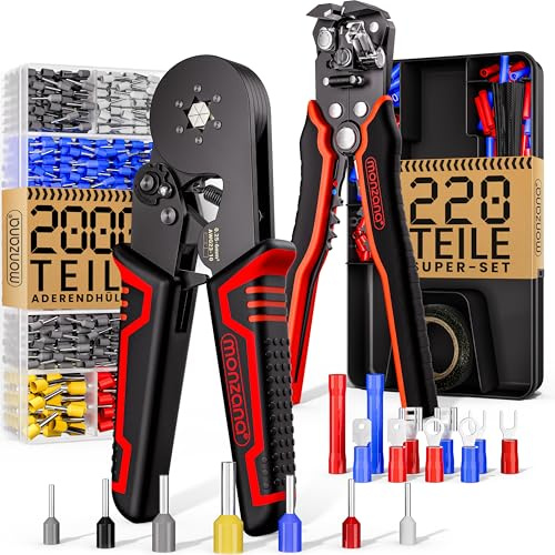 MONZANA® Crimpzange Sechskant 0,25-6mm² 2000tlg. Abisolierzange 3in1 Set 220-teilig Zubehör Box 0,2-6mm² Aderendhülsen Set Tasche Aderendhülsenzange