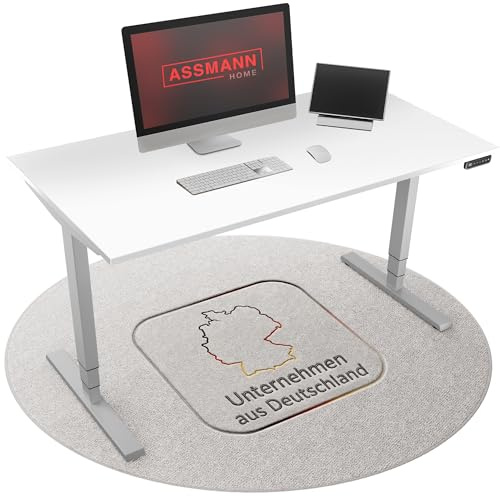 ASSMANN Höhenverstellbarer Schreibtisch elektrisch, 160x80cm, TÜV-geprüft | stufenlos verstellbar mit Aufprallschutz, ergonomischer Schreibtisch Made in Germany - Y-Line, Weiß/Silber