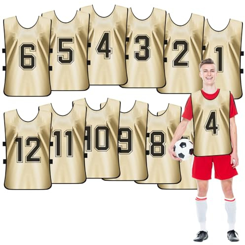 12 Stück Gold Leibchen Fußball Herren mit Nummern für Erwachsene, 70 x 47cm