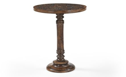 iAnanas Beistelltisch rund 46x46x56 cm – Handgeschnitzt aus massivem Mangoholz, braun – Antiker Wohnzimmertisch mit orientalischen Verzierungen – Deko Tisch Vintage Stil