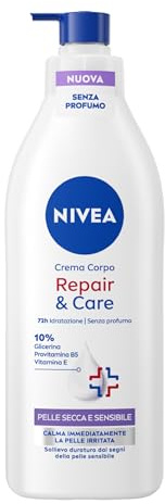 NIVEA Crema Corpo Repair & Care 400 ml, Crema corpo idratante pelle secca, sensibile e irritata, Body lotion senza profumo e ad assorbimento rapido con Glicerina, Provitamina B5 e Vitamina E