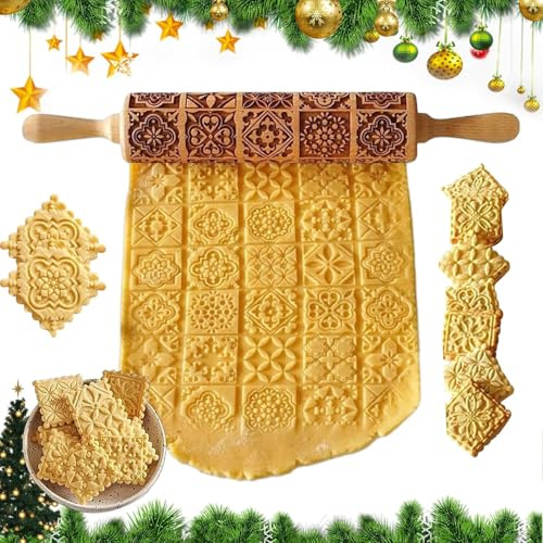 Uoimky Geprägte Nudelhölzer, Teigroller Weihnachten Nudelholz mit Motiv Muster Blumen 3D Schneeflocke Teigroller mit Prägung DIY Weihnachten für Gebäck Plätzchen Bäck Küchen, 35cm