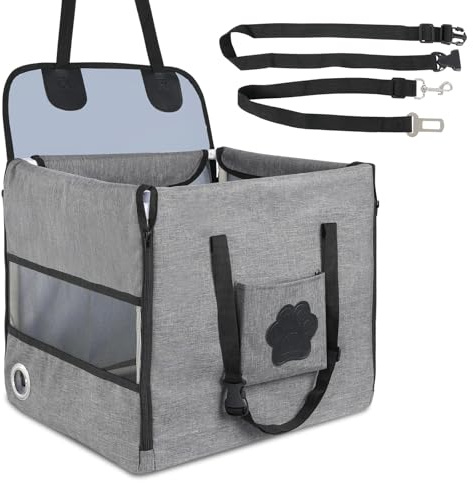 Panier Chien Voiture Renforcé et Pliable, 44 x 40 x 40 cm Siege Auto Chien, Stable et Anti-Affaissement, avec Harnais de Sécurité Amovible, pour Transport des Chiens de Taille Petite à Moyenne