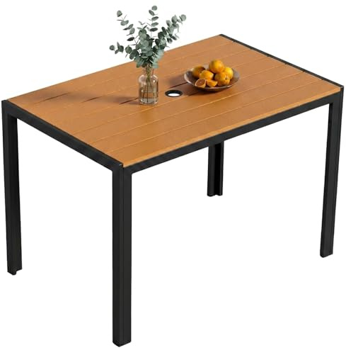 Clevich Trädgårdsbord med paraplyhål, 110 × 70 cm väderbeständigt balkongbord, aluminium, WPC rektangulärt utomhusbord, halkfritt och väderbeständigt, erbjuder plats för 4–6 personer, teakbrunt