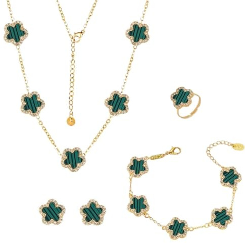 AOWVUTS Vierblättriges Kleeblatt Schmuckset für Damen 18 Karat Vergoldet Edelstahl Zweiseitig Vierblättriges Halskette Ohrstecker Armband Ringe Zirkonia Glücksklee Emaille-Schmuck Set Geschenke