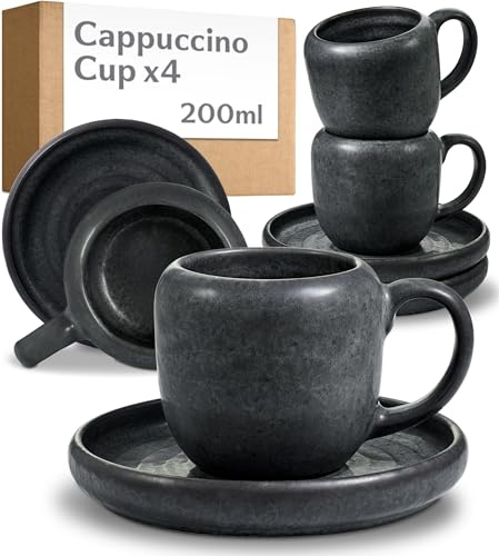 Cosumy Juego de 4 Tazas de Capuchino con Platillos Negras – Taza Ceramica 200ml – Juego Cafe que Conserva el Calor – Tazas Elegantes con Esmalte Artesanal – Juego Tazas Cafe con Leche para Desayuno