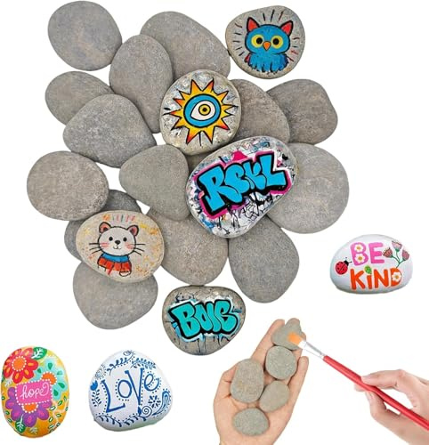 20PCS Pebbles for Painting, 3-5CM Small Rocks for Painting Grey Rock Paintings Kit Flat Decorative Stones River Rocks Pebbles for DIY Arts Crafts Garden Decoration