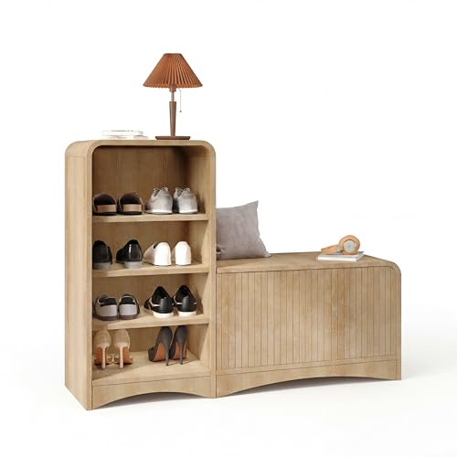 Homiflex Shoe Cabinet with Bench, L-Shaped Shoe Storage Cabinet, Wood Tall Shoe Rack with Adjustable Shelves, Lift-Top Chest Organizer for Entryway, Hallway, Living Room, Natural