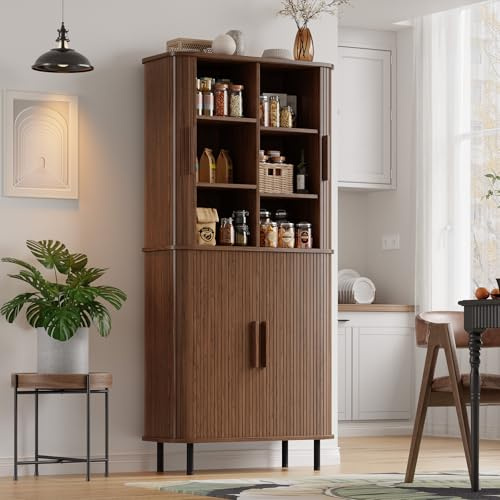 ONBRILL 71 Fluted Kitchen Pantry Cabinet, Tall Storage Cabinet with Sliding Doors and Adjustable Shelves, Wood Cupboard with 2 Pegboards and 4 Hooks for Kitchen, Dining Room, Living Room (Walnut)