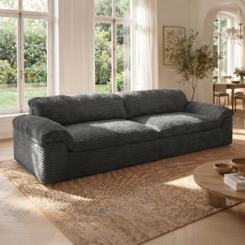 Vesgantti 260cm 3-Sitzer Boneless Sofa, Cloud Cord Sofa mit 64 cm Sitztiefe, Weiches Vollschaum Couch für Wohnzimmer, Modulares Sofa mit Geschwungenen Armlehnen, Keine Montage erforderlich, Dunkelgrau