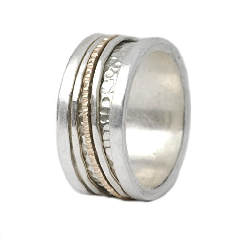 Bicolor Designerring aus 925er Sterling Silber und 333er Gold mit drei drehbaren Ringschienen und hervorgehobenen Kanten