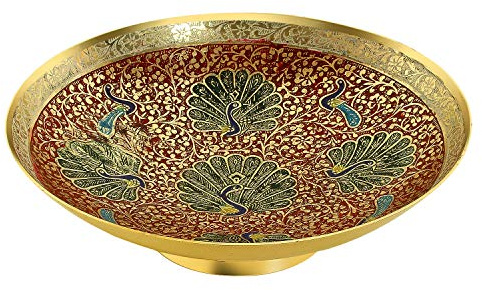 Zap Impex vergoldet Messing Dekorative rund Trocken Obstschale Carving Arbeit – Größe 22,9 cm Schöne Rot Farbe Pfau Design Geschirr Geschenk