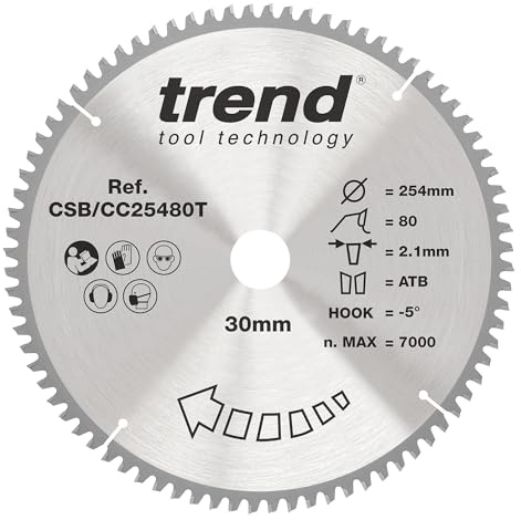 Trend Lame de scie à onglets 254 mm, alésage 30 mm, 80 dents, TCT extra-fin | Coupe le bois avec finition extra-fine, 80 dents TCT, crochet -5° et trait de 2,1 mm, alésage 30 mm CSB/CC25480T