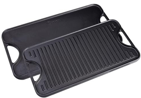 VICTORIA Parrilla rectangular de hierro fundido, doble quemador, parrilla reversible, 47,7 x 25,4 cm, sazonada con aceite de linaza 100% kosher certificado, sin OGM