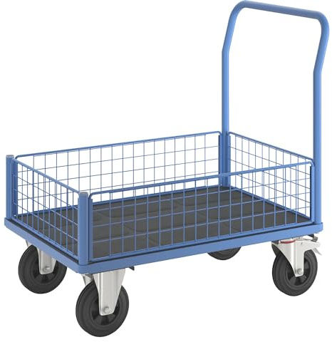 eurokraft | pro | Plattformwagen | 4 Halbhohe Gitterwände | LxB 1050 x 700 mm | Vollgummireifen