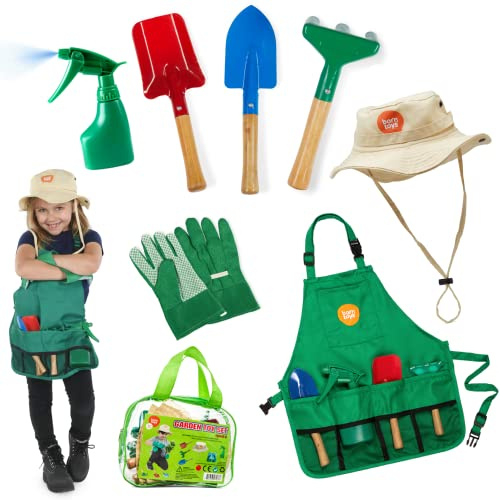 Födda leksaker barn trädgårdsset, trädgårdsverktyg, trädgårdshandskar för barn och tvättbart förklädesset för äkta eller sandträdgårdsarbete och utklädning eller halloween