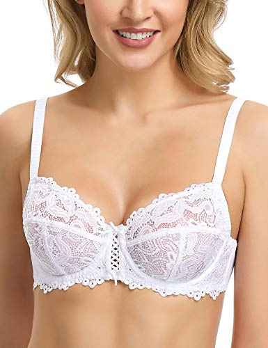 WingsLove Women's Floral Lace Bra Underwire Non Padded Soft Cup Full Coverage White 32D