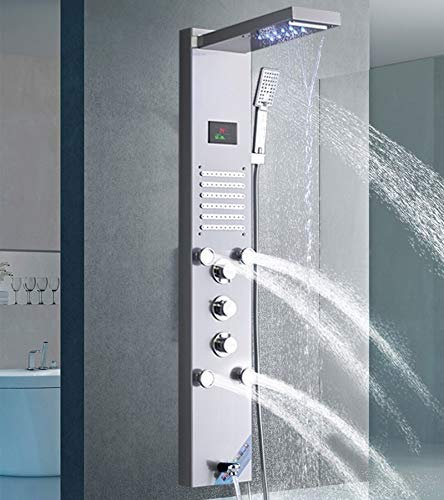 LED Duschpaneel aus rostfreiem Edelstahl mit Temperaturanzeige und 10 Massagedüsen (Nickel gebürstet)