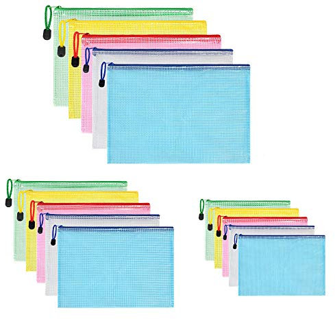 Vicloon Dokumententasche A3+A4+A5, 15 Stücke (Je 5) Datei Taschen mit Reißverschluss, Mesh Kunststoff Reißverschlusstasche für Datei, Papier, Dokumente, Kosmetika, Hausaufgaben und Reisezubehör