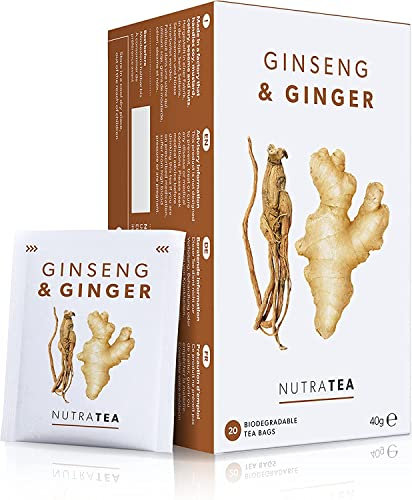 Nutra Tea Ginseng & Ginger - fördert Verdauung & Leistungsfähigkeit, Ingwertee trägt zur Aufrechterhaltung des Immunsystem bei, 20 wiederverwendbare Teebeutel, Kräutertee mit Ingwer & Ginseng