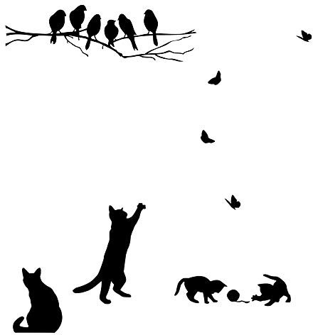 CUNYA 2 set adesivi murali neri carini, gatti che giocano e uccelli sui rami degli alberi Carta da parati murales Decorazioni per la casa per camere da letto, Soggiorno, Finestra