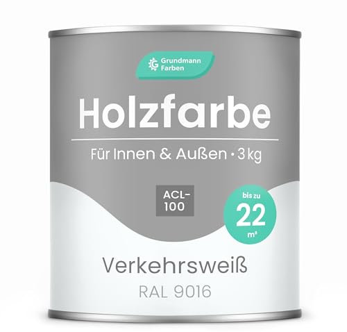 Grundmann Holzfarbe ACL 100 - Holzlack 3 Kg Weiss - 4in1 inkl. Grundierung - Seidenmatt - Wetterfest für Innen und Außen - RAL 9016 Verkehrsweiss