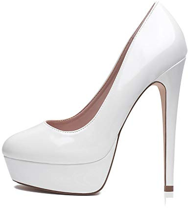 GENSHUO Scarpe col Tacco Alto a Spillo da Donna con Plateau in Vernice, 5,5 pollici/14 cm, Scarpe da Donna con Plateau e Tacchi Sexy da infilare, Bianco, 36 EU