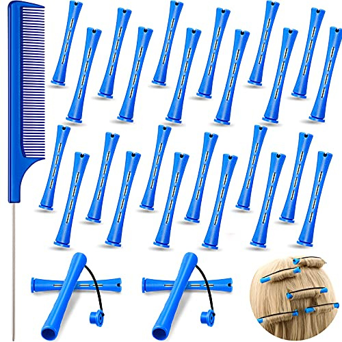 Chuangdi 24 Pcs Hair Perm Rods Plastic Cold Wave Perming Curlers Hair Rollers with Steel Pintail Comb Rat Tail Comb Tools for Hairdressing Styling(Blue,0.35 Inches)