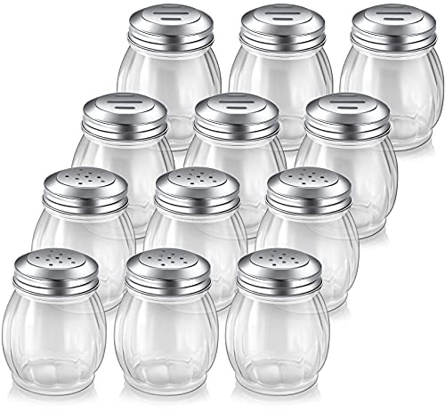 Skyley 12 Pieces Glass Spices Shaker with Perforated 6 Ounce Swirl Glass Cheese Shaker and Slotted Top Lid Red Pepper Retro Swirl Style Dispensers for Home Kitchen Restaurant Supplies