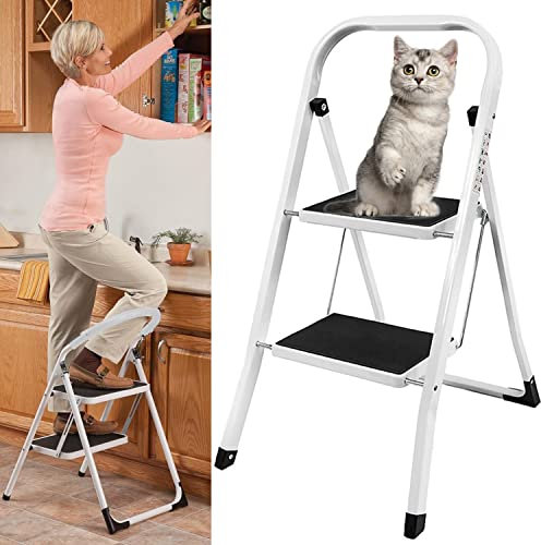 Escabeau à 2 Marches Tabouret Marche Pied Pliant 44,5 x 48 x 78.5 cm, Echelle en Acier Robuste avec Pieds Anti Dérapant Max 150Kg, Tabouret Echelle Pliante Pratique pour Maison Boutique