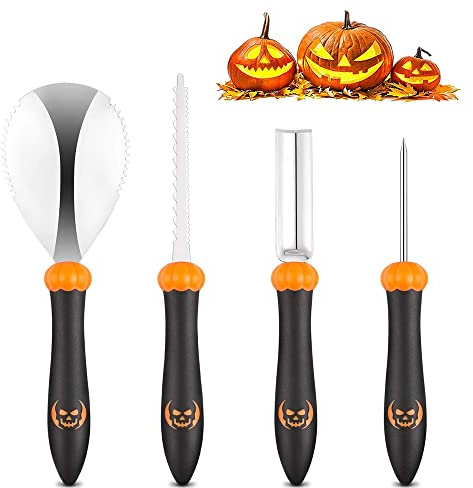 DOJoykey Kürbis-Schnitzset, 4-teilig, Robuste Edelstahl-Schnitzwerkzeuge für Halloween-Party-Dekoration