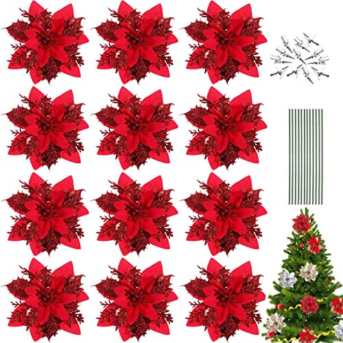 12 pezzi di Natale luccicanti stelle di Natale con glitter decorativi fiori di Natale con clip + steli, glitter, albero di Natale, matrimonio, albero di Natale (rosso)