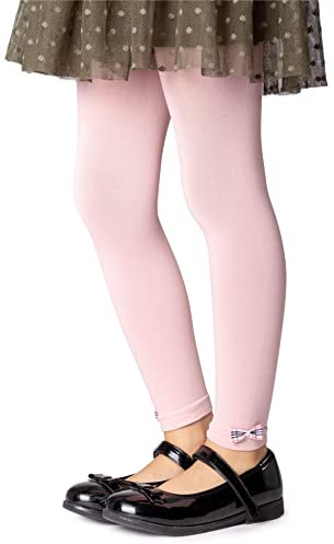 NOQ Schlichte fußlose Strumpfhose für Mädchen blickdichte Leggings mit Schleifen Mikrofaser unter dem Rock Tunika Hose Schule Gymnastik Tanz, Powder Pink 6/7 Jahre (116/122 cm)