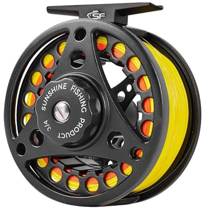 SF Große Angelrolle zum Fliegenfischen – 3/4 W Aluminium-Legierung, Körper aus Druckguss, Mattschwarz, vorgeladene Spule mit Schnur-Kombination, Fluoreszierende gelbe Schnur
