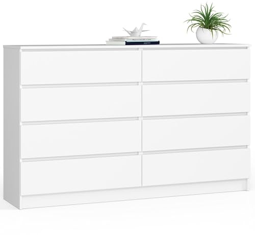AKORD Kommode K160 160 cm | 8 Schubladen | für das Wohnzimmer | für das Schlafzimmer | für das Arbeitszimmer | Büro | B160 x H99 x T40 cm | Gewicht 75,10 kg | Weiß/Weiß