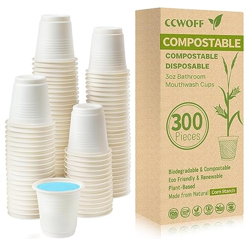 CCWOFF 300PCS 3 OZ Bathroom Cups 100% Compostable Biodegradable Eco Friendly Cups Small Cups Disposable Mini Mouthwash Cups for Bath Rinse Cup Shot Disposable Cups for Drinking Washing Cups