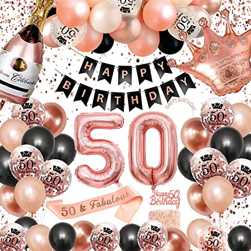 50. Geburtstag Dekorationen Frauen, SWPEED Rosegold Schwarz Deko Set 50th Ballons Happy Birthday Banner Girlande Konfetti luftballon Mädchen Frauen 50 Geburtstag Party Deko Supplies