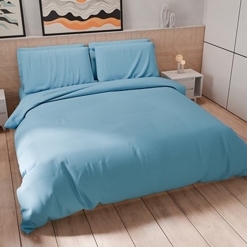 PETTI Artigiani Italiani - Set Housse de Couette 160x200 cm (1 Taie d'oreiller 50x80 cm Incluse), Parure de Lit Microfibre 1 Personne Douce Bleu Ciel
