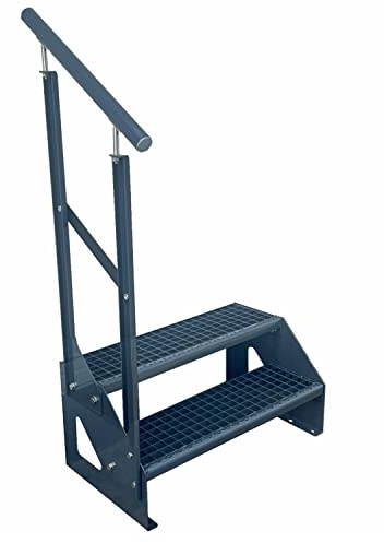 Kaminbau Mierzwa Premium Treppe Freistehend 2 Stufen Anthrazit Geländer Links (Breite 600 mm) (Höhe 38cm) Wetterfest Gitterroststufe Gartentreppe