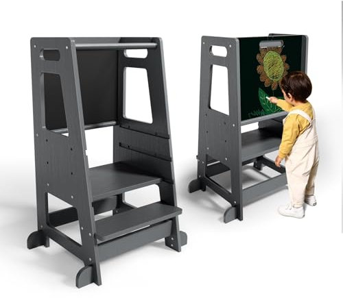 Kotsy Lernturm Montessori Für Kinder,Höhe 92cm lernturm höhenverstellbar 3 einstellbare Höhen,Kleinkinderküchenhelfer Holz Lernturm mit Doppelseitige Tafel Für Kinder Baby (grau)