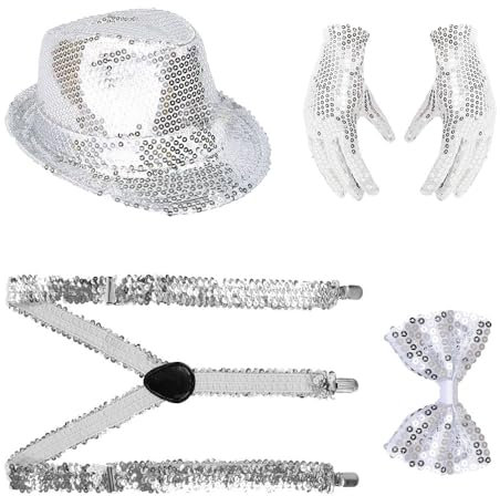 Glitzer Outfit Herren,4 Stück Glitzer Accessoires Herren Sliver Set, ,Glitzer Kostüm Herre,mit Pailletten Fliege,krawatte,Handschuhe,Pailletten Kostüm Silber für Fasching Party Dance Performance