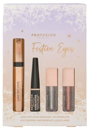 Profusion Cosmetics Festive Eye Kits and Liquid Eyeshadow for Flawless Eye Catching Look, Finish Your Look With Classic Black Liquid Liner, and Lash Out Loud Lengthening With Curling Mascara