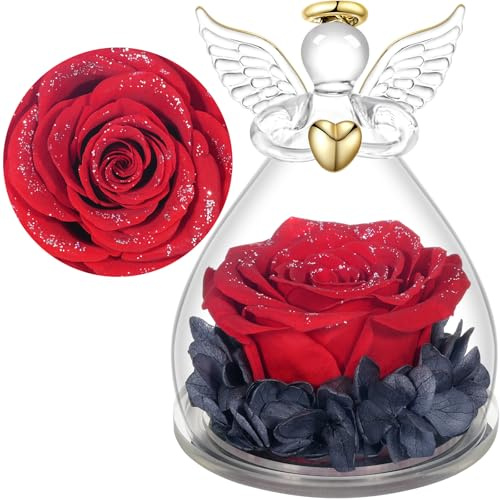 Yamonic Ewige Rose Engel Geschenke für Frauen, Ewige Rose im Glas Geschenke für Mama,Engel Figur Geburtstagsgeschenke für Frauen,Oma Geschenk,Echte Rose Schutzengel Weihnachten Muttertagsgeschenk