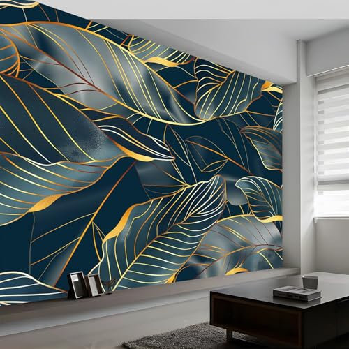 Papier Peint Intissé Bleu Marine Moderne, Rayures De Feuilles De Bananier De Luxe Art Muraux Photo pour Salon, Chambre, Bureau, 250 x 175 cm (WxH) Décoration Peinture Murale Papier Peint Panoramique