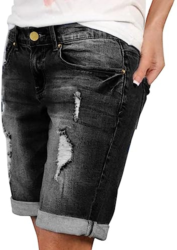 Pantaloni corti da donna, jeans da donna, pantaloni corti, in jeans, sexy, strappati, versatili, jeans da donna, alla moda, a vita alta, stile retrò, lavaggio streetwear casual, Nero , L
