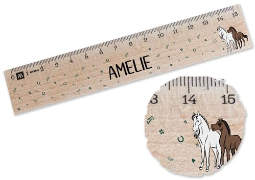 Holz Lineal 15cm - Pferde - Geschenk für Pferdefreunde zur Einschulung | Pferdemädchen Geschenk zum Schulanfang personalisiert - 15 cm - Holz - personalisiertes pferdegeschenkartikel mädchen